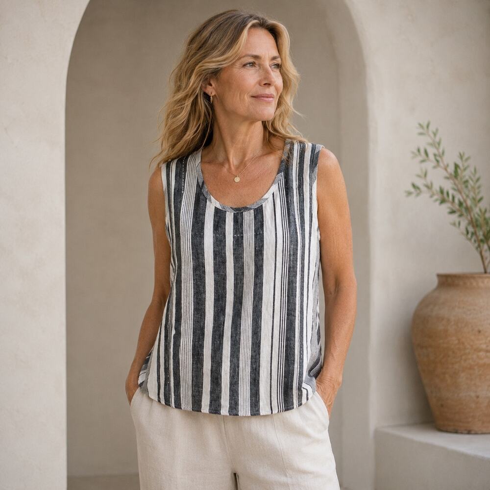 Flax Tan Off White Stripe Linen Sleeveless Top Small